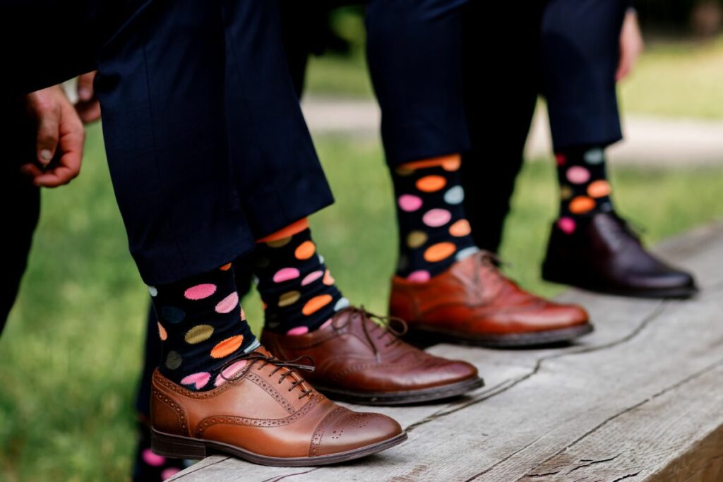 Colorful Socks with navy pants